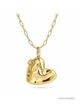 Gold Plated Brass Hammered Heart Locket Necklace 18" Chain Women's Jewelry